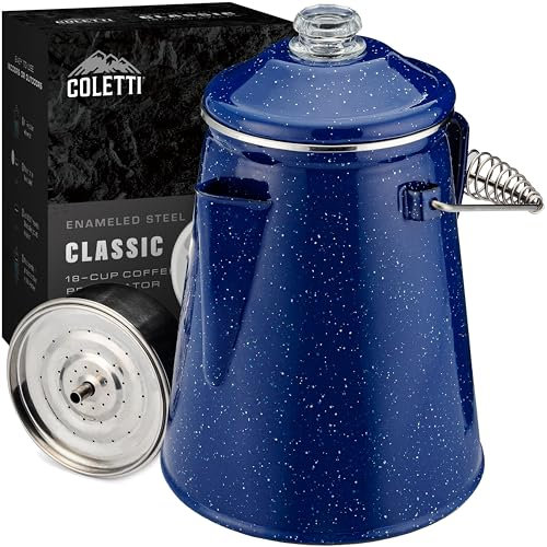 COLETTI Classic Enamel Camping Coffee Pot 18 Cup — Brew Bold Coffee for the Whole Campsite — A Brewmaster’s Best Gear for Great Coffee – XL Campfire Percolator (Blue)