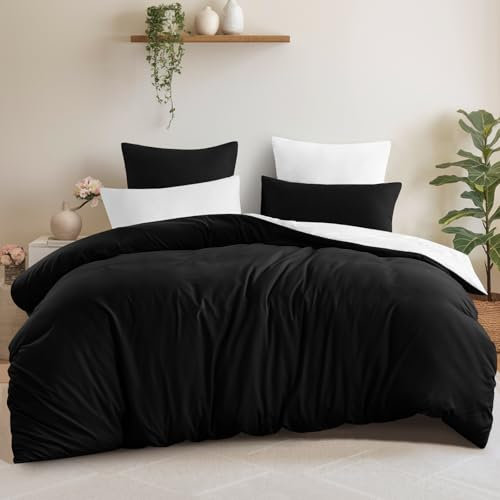 Aisbo Bettwäsche 200x220 3teilig Schwarz Weiß - Oeko-TEX Wendebettwäsche 200x220cm 3tlg mit Reißverschluss, zweifarbige Bettbezug aus weich Mikrofaser mit Kissenbezüge