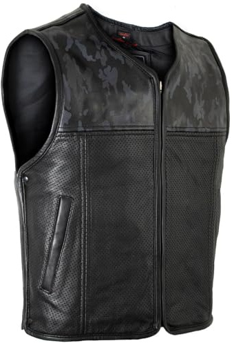 MDM Herren Lederweste Kutte mit Perforiertem Leder und Camo/schwarz Muster