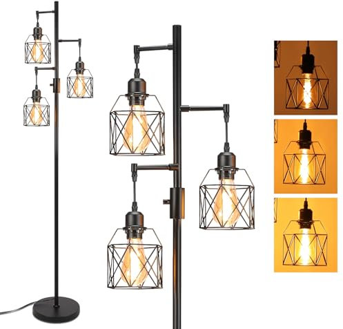 Lampop Stehlampe Vintage Industrial Dimmbare Stehleuchte Schwarz Retro E27 für Wohnzimmer Schlafzimmer Restaurant mit frei Verstellbaren Käfigköpfen (Glühbirnen sind nicht Enthalten)