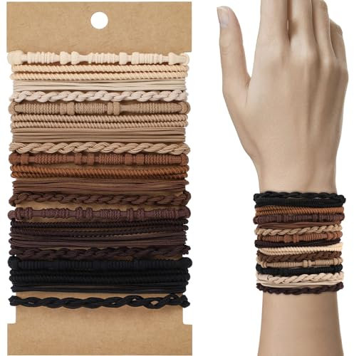 WantGor Boho-Haargummis, 20 PCS Haarbänder 4 Styles Armbänder Haargummis 2.36inch Niedliche Pferdeschwanz-Halter Elastische Boho-Haarspangen Haarschmuck für Frauen Dick Dünn Lang Lockig (Neutral)