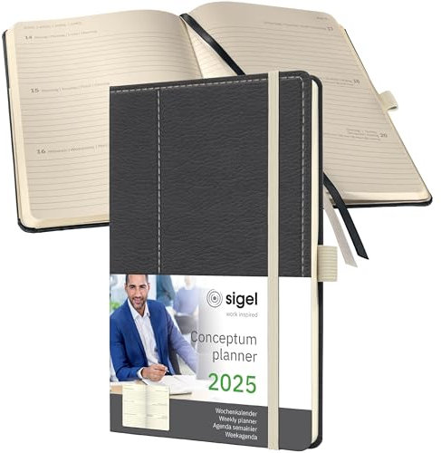 SIGEL C2557 Wochenplaner Wochenkalender 2025, Lederoptik, ca. A5, dunkelgrau/weiß, Hardcover, 192 Seiten, Gummiband, Stiftschlaufe, Archivtasche, aus nachhaltigem Papier, Conceptum
