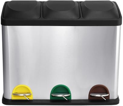 Panana Rubbish Bin, 45L/60L Recycling Bin for Kitchen, Stainless Steel Triple Compartment Food Waste Bin with Non-Slip Base & Removable Inner Bins,Three Detachable Inner Buckets (45L)