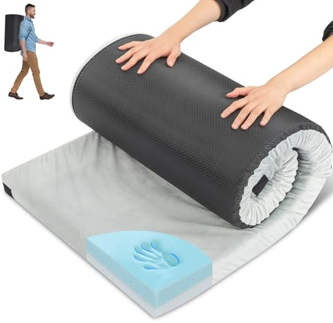 Outvita CertiPUR-US Matelas de camping portable de 6,3 cm, matelas de camping en mousse à mémoire de forme, lit de sol enroulable pour tente, berceau, camion, voiture, voyage en plein air avec sac