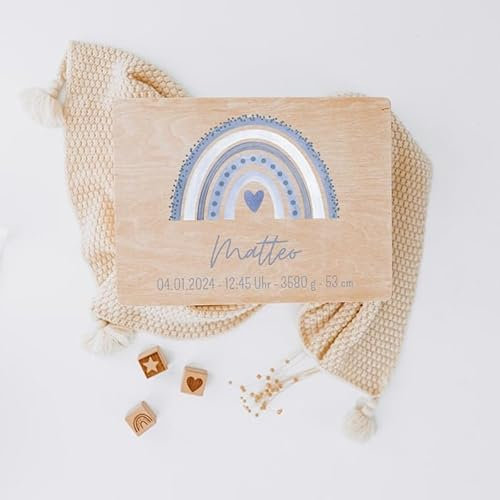 wunderwunsch® - Personalisierte Erinnerungsbox Baby mit Spezial-Druck - Baby Erinnerungsbox - Erinnerungskiste aus Holz - Geschenk zur Geburt (blau, M | Stülpdeckel)