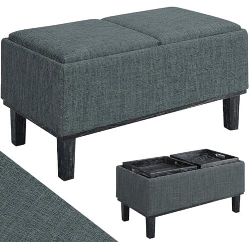 BAKAJI Cassapanca Contenitore con Cuscini 2 in 1 Convertibili in Vassoio da Portata, Pouf Poggiapiedi con Rivestimento in Tessuto Lino Grigio e Struttura in Legno, Ideale Arredamento Casa e Ufficio
