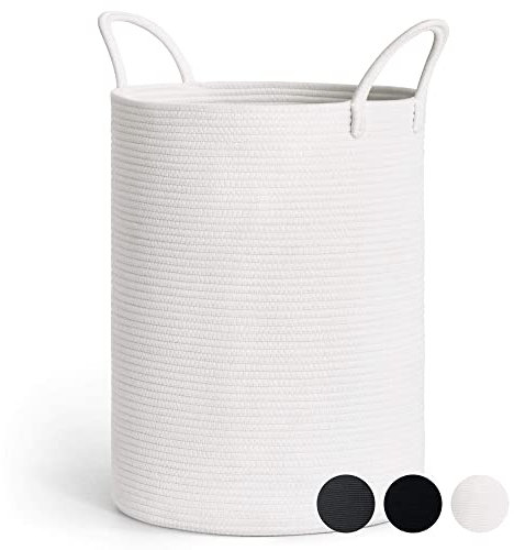 TIMEYARD Wäschekorb Weiß, Korb Geflochten, Aufbewahrungskorb Kinderzimmer aus Baumwolle mit Griffen Handtuchkorb für Badezimmer Wohnzimmer Korb für Baby Spielzeug, 38x50cm, Weiß