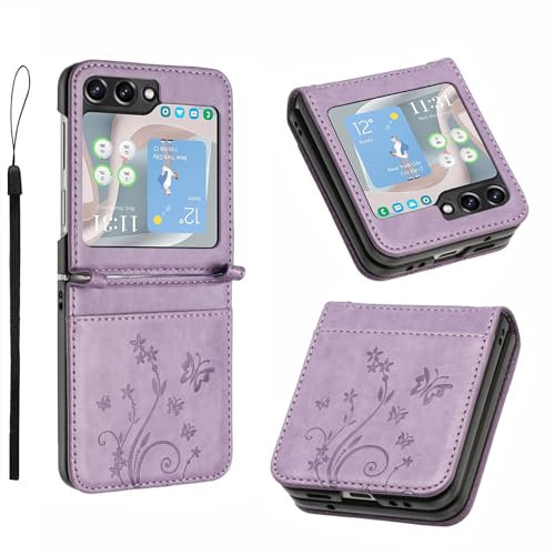 Anshow Lederhülle mit Samsung Galaxy Z Flip 6 Hülle, Handyhülle für Samsung Galaxy Z Flip 6, Flip Wallet Hülle Leder Tasche Schutzhülle, Helles Lila