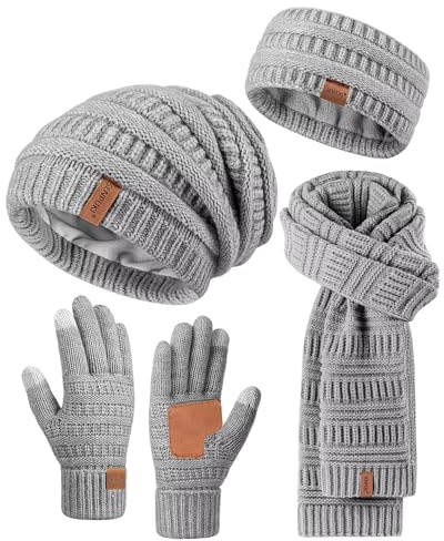 Damen-Wintermütze, Schal, Handschuhe, Stirnband-Set, Slouchy Beanie, Ohrwärmer, Strickschal, Touchscreen-Handschuhe, warm, 4-teiliges Geschenk-Set