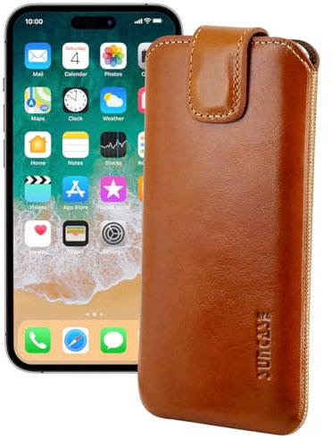 Suncase ECHT Ledertasche Leder Etui *Slim-Edition* kompatibel mit iPhone 16 Pro Max (6,9 Zoll) Hülle (mit Rückzugsfunktion und Magnetverschluss) in Cognac