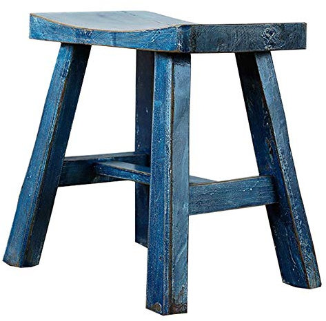 LYNEFOIN Fußhocker, Neue chinesische Ulmen-Retro-Schuhbank mit konkaver Oberfläche, im Used-Look, einfacher, bequemer Hocker aus Massivholz (Farbe: Dunkelblau, Größe: 48 x 28 x 47 cm)