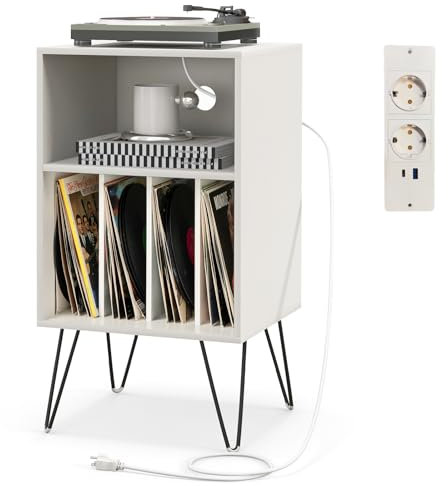 COSTWAY Meuble Tourne-Disque Vinyle avec Prise,Table d’Appoint avec Station de Charge,2 Prises,1 USB,1 Type-C,Pieds en Métal,Bout de Canapé,Support Tourne-Disque pour Salon Chambre (Blanc)