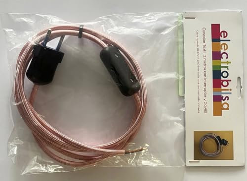 Kit de cable textil rosa 2 mts, 2 x 0.75 mm, con clavija e interruptor negro, ideal para instalaciones eléctricas decorativas.