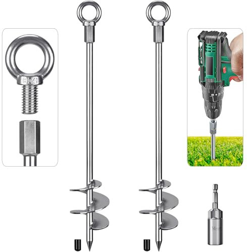 Insaga Piquet de Tente, Sardines de Fixation Lourd Ancrage de Terre Métallique, 61cm Lame Spirale Vissée dans Trampolines Kit pour Balançoire/Camping/Chien/Abri de Coiture avec Fixe Anneau, 2pcs