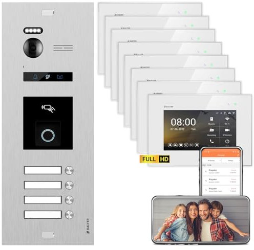 Balter Evo HD Video Door Intercom System with Fingerprint Silver/White 4 Family House Set 4 x 7 Inch LCD Monitor WiFi 4 x 7 Inch LCD Monitor