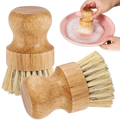 2er Pack Palm Pot Brush- Bamboo Round Mini Dish Brush Natural Scrub Brush Durable Scrubber Cleaning Kit with Union Fiber and Tampico Fiber for Cleaning Pots, Pans and Vegetables (B, M)