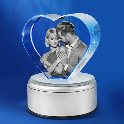 Dilamus personalisierte Kristall-Foto, Herz-Kristall-Bild mit Ihrem eigenen Foto für ihn ihr, maßgeschneiderte Glas-Foto mit rotierenden Basis Memorial Geschenk für Valentinstag Jahrestag Geburtstag