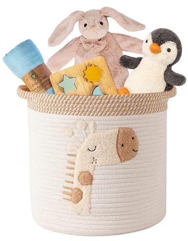 Toy Storage Baskets, Woven Cotton Rope Storage Basket for Kids, Multifunctional Blanket Baskets for Living Room Toys Organizer with Embroidery Decor, Cute Layndry Organizer with Handle for Nursery