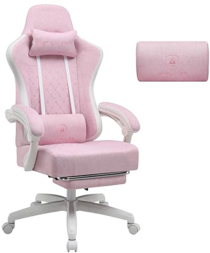 GTPLAYER Gaming Stuhl Stoff, Gaming Sessel mit Taschenfederkissen, ergonomischer Drehstuhl, Gamer Stuhl mit Fußstütze150 kg Belastbarkeit, pink-weiß