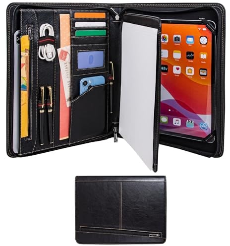 Calfinder Porte-documents A4 en cuir synthétique - Porte-documents A4 avec porte-bloc - Porte-documents avec fermeture éclair - Porte-bloc - Classeur de réunion - Pour l'école - Noir