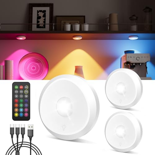 Luz Armario RGB Recargable USB, 2400mAh Foco LED Colores con Mando a Distancia Luz Vitrina Sin Cable Luces Armario Tactil Redondo Luces Cocina Debajo Mueble Adhesiva Lámpara Nocturna Pilas Pulsador