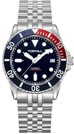 TOPHILL Herren Taucheruhr 40mm 30Ba- Mechanische Automatikuhren für Männer NH35 Saphirglas Leuchtender Kalender Tauchen Armbanduhr TD007G, RedBlue-ST, Taucheruhr, Taucheruhr, Taucheruhr