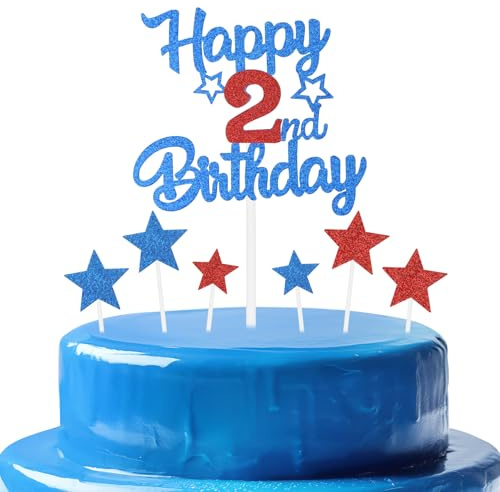 mciskin Royal Blue and Red 2nd Birthday Decorations for Boy,Personalised Cake/Cupcake Toppers with Star,Glitter Royal Blue & Red Happy 2nd Birthday Toppers for Girls Boys Kits Party Favor Supplies