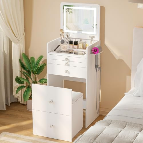 VOWNER 3-in-1 Small Vanity Table with Flip Top LED Light Mirror | Compact Dressing Desk with Soft Cushioned Stool, 3 Storage Drawers, Glass Desktop, Built-in Power Outlet, Hair Dryer Holder