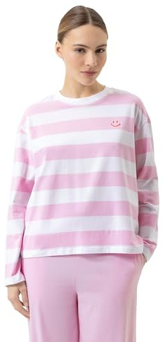 Mey Damen T-Shirt Langarm: Legeres Shirt, Langarm, Überschnittene Schulter, Weiß-softpinke Blockringel, Aufgedrucktes Smiley, Serie Streaked Lines