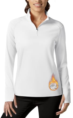 TACVASEN Damen Fleecepullover Sportshirt Langarm Fleece Langarmshirt mit 1/4 Reißverschluss Winter Laufshirt Warm Weiß L