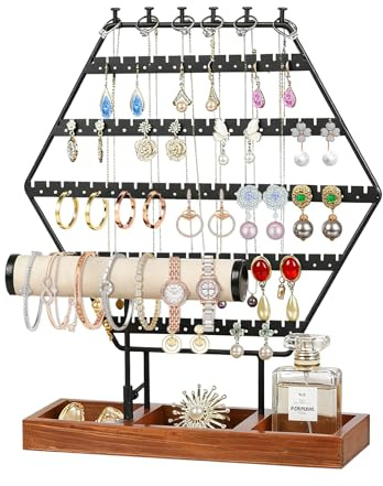 VirtuGro Porte Bijoux Presentoir Bijoux en Metal et Socle en Bois Noir | 12 Crochets pour Boucles d'Oreille, Présentoir Boucles D'oreilles 88 Trous, peut Accueille Colliers Bagues Bracelets