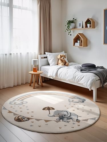 Villeroy & Boch Boho Kids - Kinderteppich Rund - Walk Like an Elephant Rainbow- weicher Kurzflor für Kinderzimmer Mädchen & Junge, Tiermotiv, Spielteppich, Krabbelteppich - Creme Multifarben, Ø160 cm