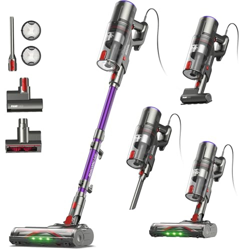 FAMIVAC FV2 Aspirateur Balai avec Fil, 65Kpa/600W Aspirateur sans Sac Puissant, Brosse Matelas, 1,3KG Léger, Câble 7M, 1,5L, Brosse Anti-Enroulement & Autoportante pour Tapis, Sols, Poils d’Animaux