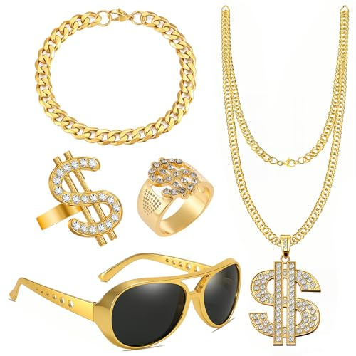 Piaeny 5 Stück Zuhälter Goldkette Fasching Kit, 80er 90er Jahre Outfit Herren, Mit Herren Armbänder Goldkette Ring Brillen, Hip Hop Gangster Rapper Kostüm Accessoires Set