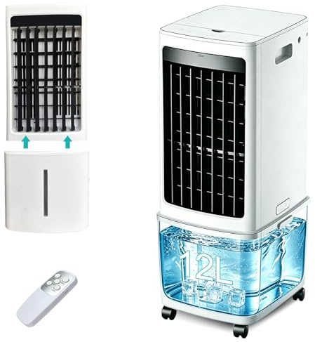 52CM Windowless Portable Air Conditioners with 12 L Detachable Tank, Humidifying Swamp Cooler with 3 Speeds, 7.5 H Timer & 120°Oscillation, 2 Ice Boxes for Home, Kitchen, Bedroom