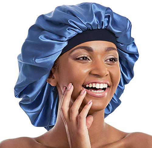 Double Layer Bonnet Long Satin Cap Head Wrap for Sleeping Blue