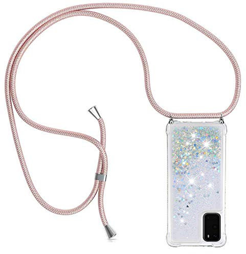 YuhooTech Handykette Hülle Kompatibel mit Samsung Galaxy S20 - Quicksand Glitzer Hülle mit Band - Silikon Handyhülle mit Kordel Umhängenband - Schnur mit Treibsand Case zum Umhängen