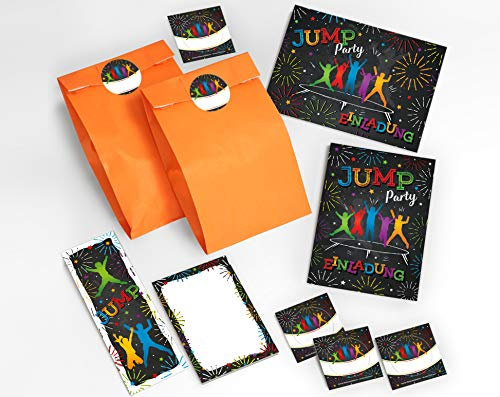 JuNa-Experten 6 Einladungskarten Kindergeburtstag Jump Trampolin Mädchen Junge incl. 6 Umschläge, 6 Tüten / orange, 6 Aufkleber, 6 Lesezeichen, 6 Blöcke