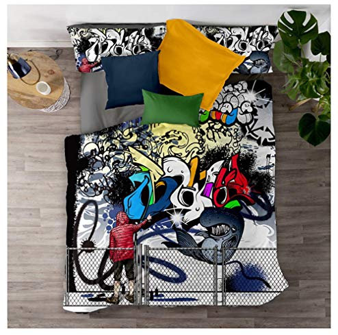 Timiany Bettbezug Bettwäsche Set, 3D Graffiti Hip Hop Drucken Bettwäsche-Set Deluxe Mikrofaser Weiche Mit Reißverschluss Bettbezug Und Kissenbezüge (Straßenkultur,135x200+80x80)