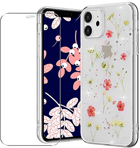 MadBee Compatible iPhone 11 Case [With Tempered Glass Screen Protector], Bling Shiny Dried Flowers Clear Sparkle Glitter Soft TPU Silicone Gel Case Cover for iPhone 11 6.1 Inch - Red