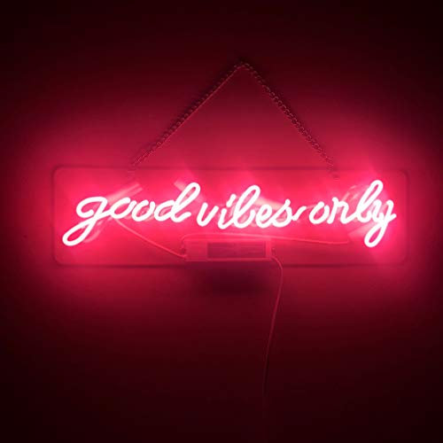 LiQi ™ Good Vibes Only Wandschild aus echtem Glas, handgefertigt, für Zimmer-Dekoration, Zuhause, Schlafzimmer, Mädchen, Kneipe, Hotel, Strand, Cocktail, Freizeit, Spielzimmer, 48,3 x 12,7 cm, Rosa