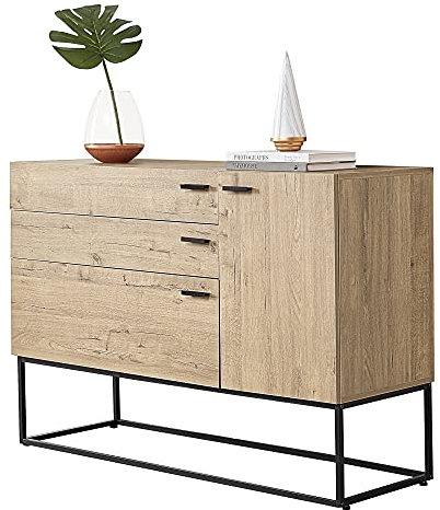[en.casa] Sideboard Hylte Kommode 115x40x79cm Konsole mit 3 Schubladen Wohnzimmerschrank Metallgestell Schwarz/Eicheoptik