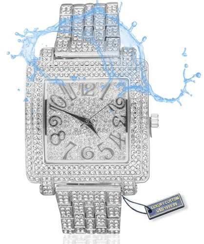 Halukakah Premium Diamant Golduhr für Herren,Luxus Platin Weißgold Plattiert,Basic Wasserdicht,Artistik Ziffernblatt Extra Groß Quadratisch,Iced Out,24cm Armband,Geschenkbox Inklusive