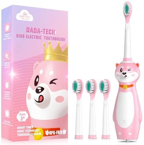 Dada-Tech Elektrische Zahnbürste Kinder ab 3 Jahren Silikon Griff Schallzahnbürste mit Integrierter Timer für Jungen Mädchen, 3 Putzmodi und 4 Zahnbürstenköpfen (Rosa Shiba Inu)