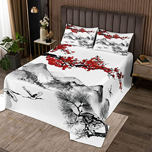 Chinesische Tuschemalerei Tagesdecke 170x210cm,Red Plum Bossom Floral Bettdecke Set für Kinder Mädchen Dekor,Naturlandschaft Landschaft Dekorative Mikrofaser gesteppt mit 1 Kissenbezug, 2 Stück
