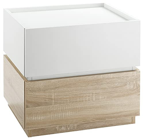 HOMCOM Nachttisch mit Schublade Nachtschrank stapelbar Schubladenschrank Schlafzimmer Nachtkommode Spanplatte Weiß+Natur 50 x 40 x 47,5 cm