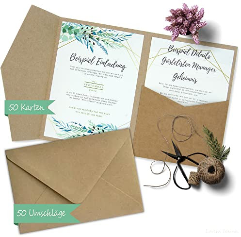 50 Stück Pocketfold Kraftpapier Hochzeitskarte blanko I 121 x 158 mm für DIN B6 Umschlag | 300 g/m² | Hochzeitseinladungen selber basteln | Pocketfold Karte Hochzeit | Faltkarten Kraftpapier Karte