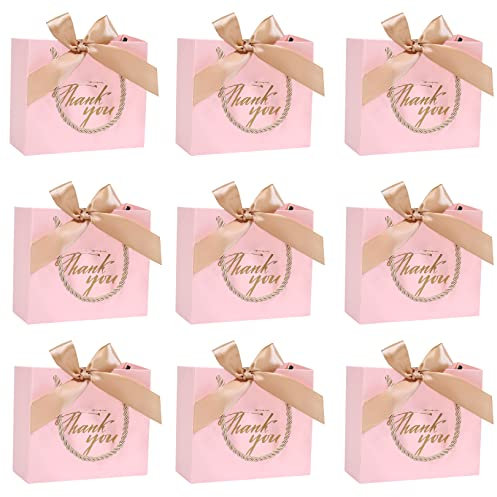 12Pcs Thank You Gift Bag, Party Favour Bags with Pink Bow Ribbon, Small Paper Gift Bag for Wedding Party Birthday Party Baby Shower,Gold