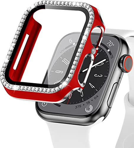 EIHAIHIS Custodia Bling per Cover Apple Watch 40mm, Bumper Protettivo PC Rigido con Pellicola Protettiva per Schermo in Vetro Temperato per iWatch Series 6 5 4 SE, Rosso+Argento