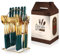 Cutlery Set, 24-Piece Home Safety Stainless Steel Silverware Set with Stand, Mirror Polishing Flatware Set Service for 6, Includes Knives, Forks, Spoons (Green-Gold)